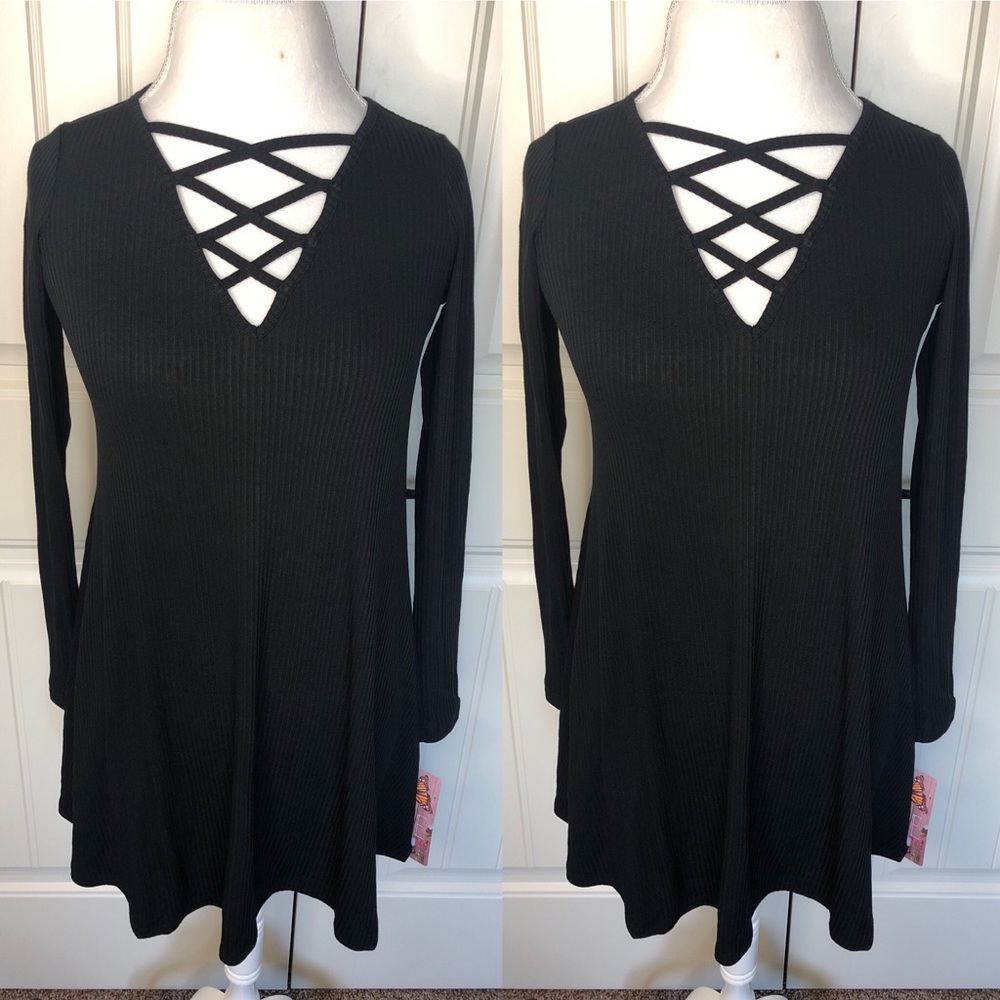 Black Long Sleeve Ribbed Dress Criss Cross V-Neck